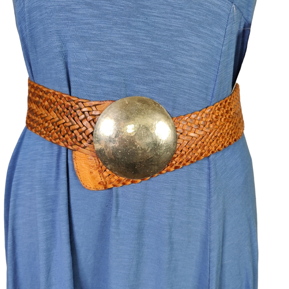 Beautiful Braided Leather Wide Belt Hammered Silver Brutalist Southwest  Buckle